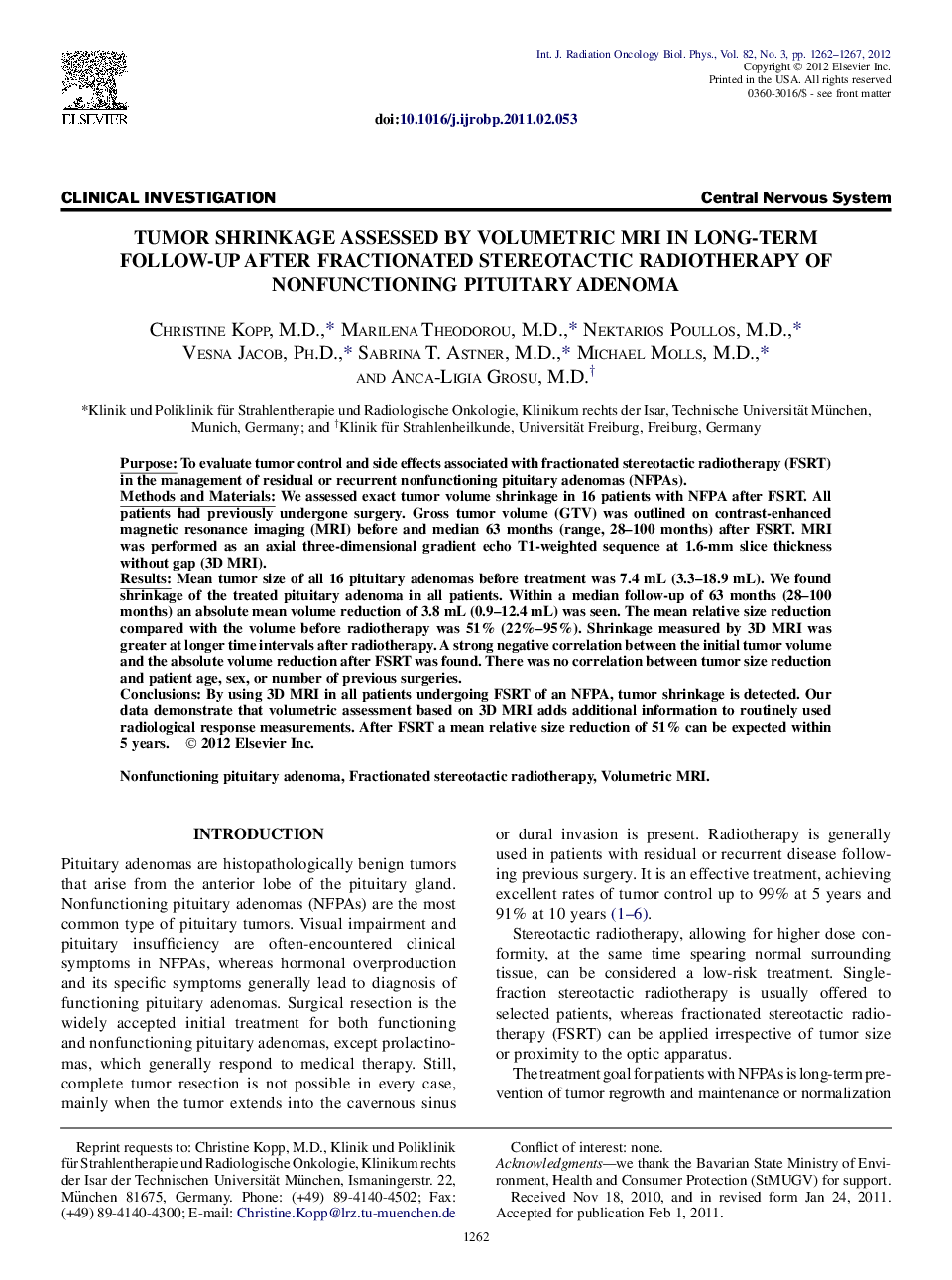 Tumor Shrinkage Assessed by Volumetric MRI in Long-Term Follow-Up After Fractionated Stereotactic Radiotherapy of Nonfunctioning Pituitary Adenoma