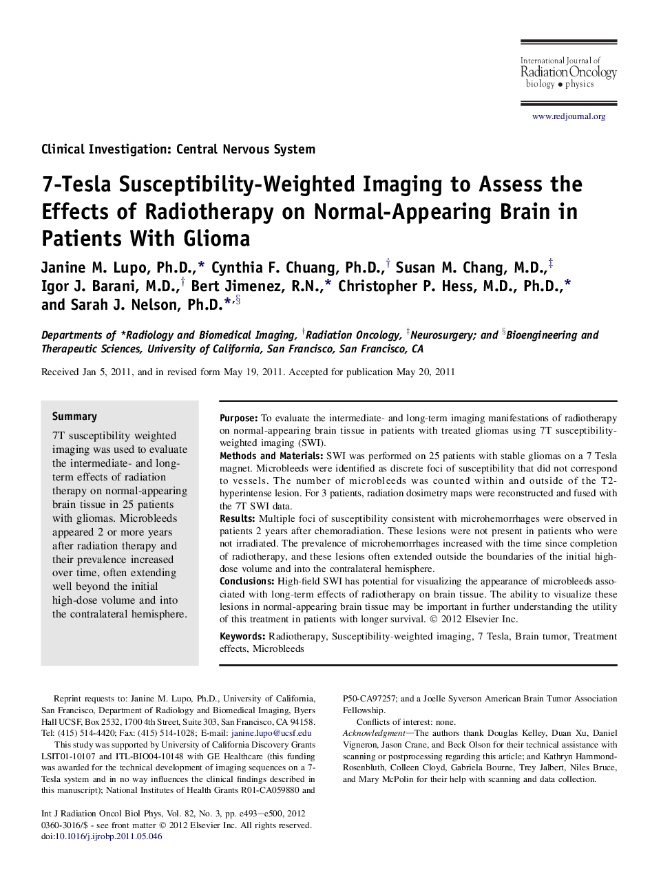 7-Tesla Susceptibility-Weighted Imaging to Assess the Effects of Radiotherapy on Normal-Appearing Brain in Patients With Glioma