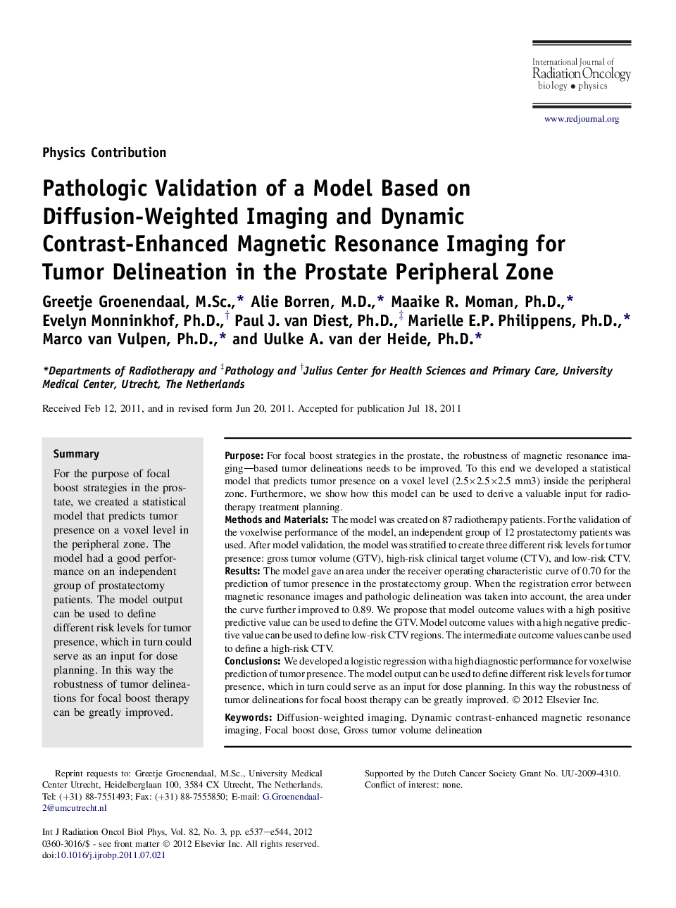 عکس صفحه اول مقاله: Pathologic Validation of a Model Based on Diffusion-Weighted Imaging and Dynamic Contrast-Enhanced Magnetic Resonance Imaging for Tumor Delineation in the Prostate Peripheral Zone Pathologic Validation of a Model Based on Diffusion-Weighted Imaging and Dynamic Contrast-Enhanced Magnetic Resonance Imaging for Tumor Delineation in the Prostate Peripheral Zone