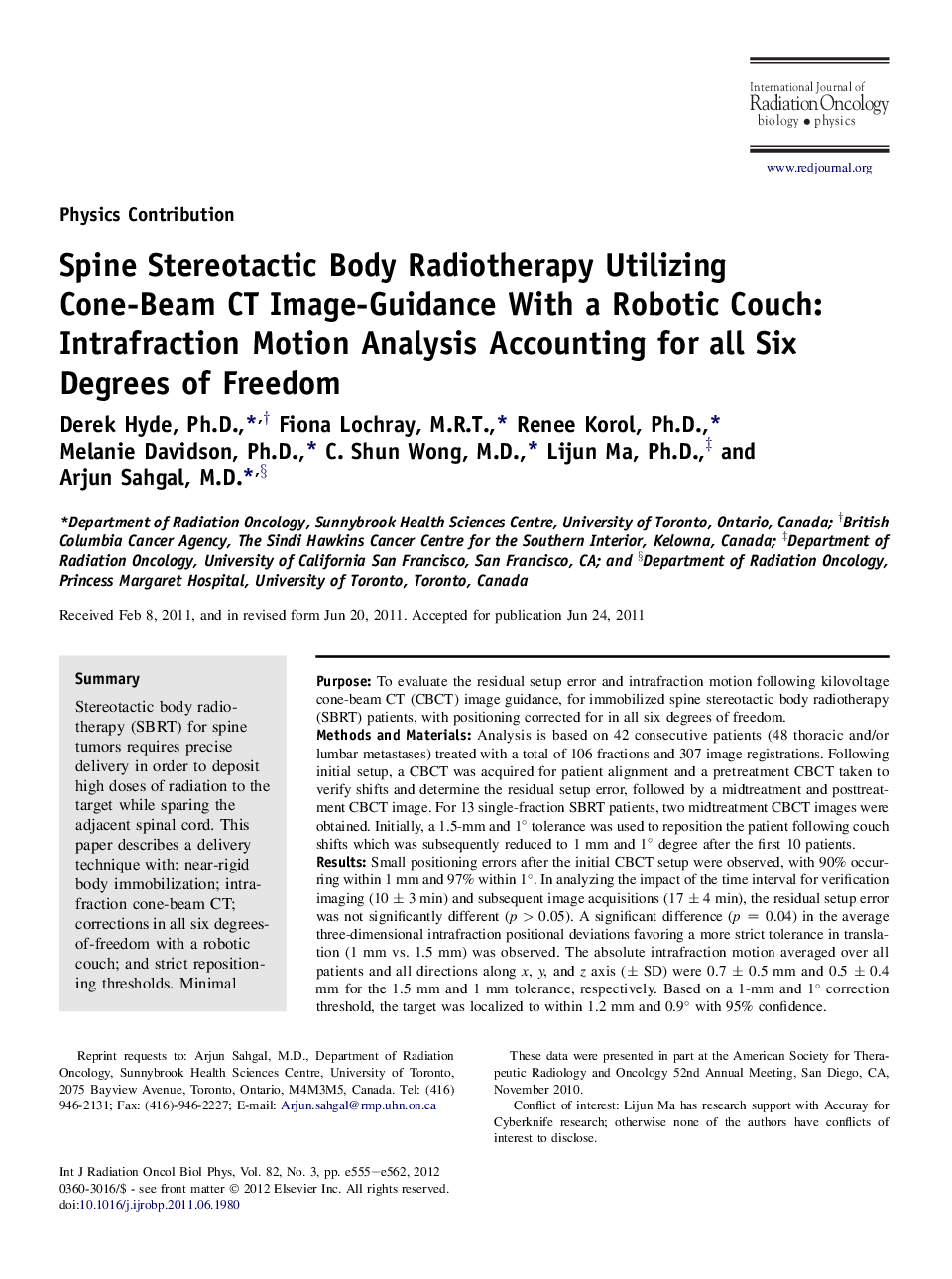 Spine Stereotactic Body Radiotherapy Utilizing Cone-Beam CT Image-Guidance With a Robotic Couch: Intrafraction Motion Analysis Accounting for all Six Degrees of Freedom