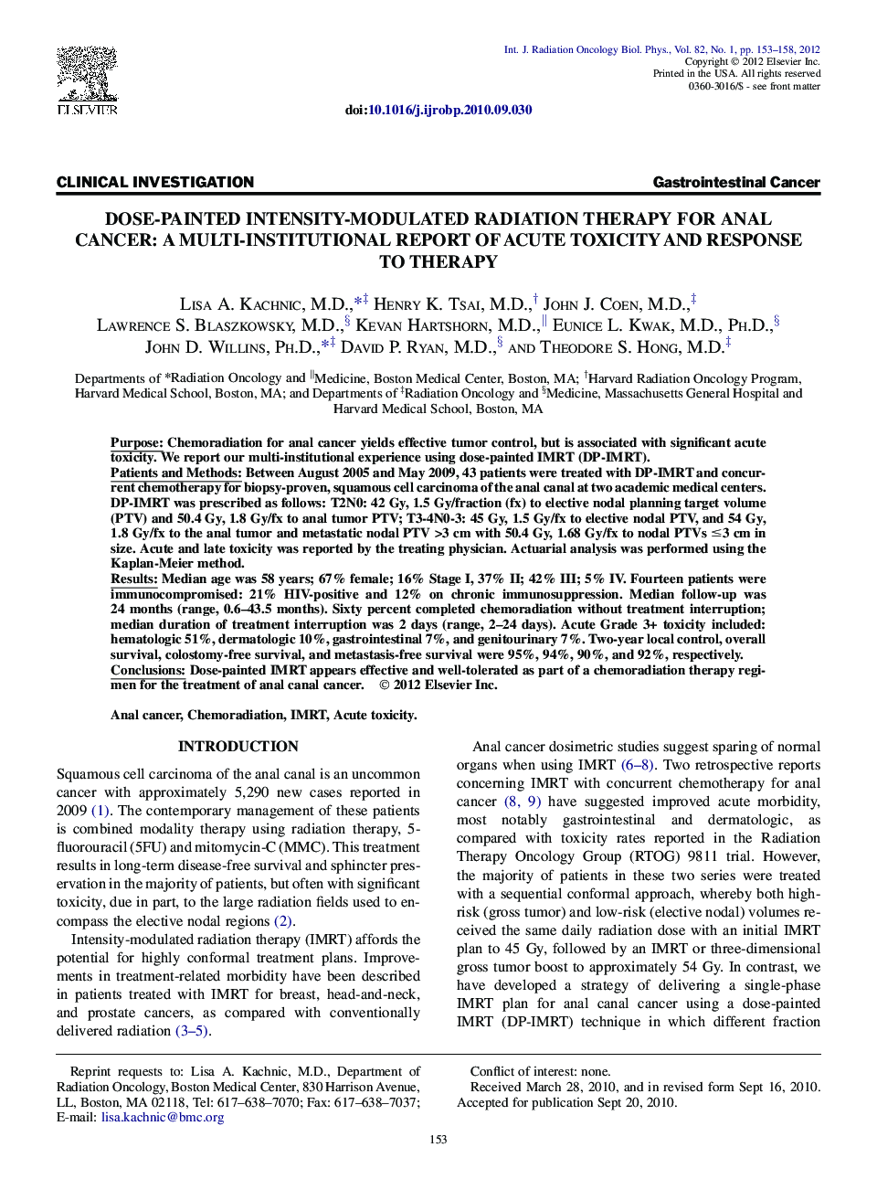 Dose-Painted Intensity-Modulated Radiation Therapy for Anal Cancer: A Multi-Institutional Report of Acute Toxicity and Response to Therapy