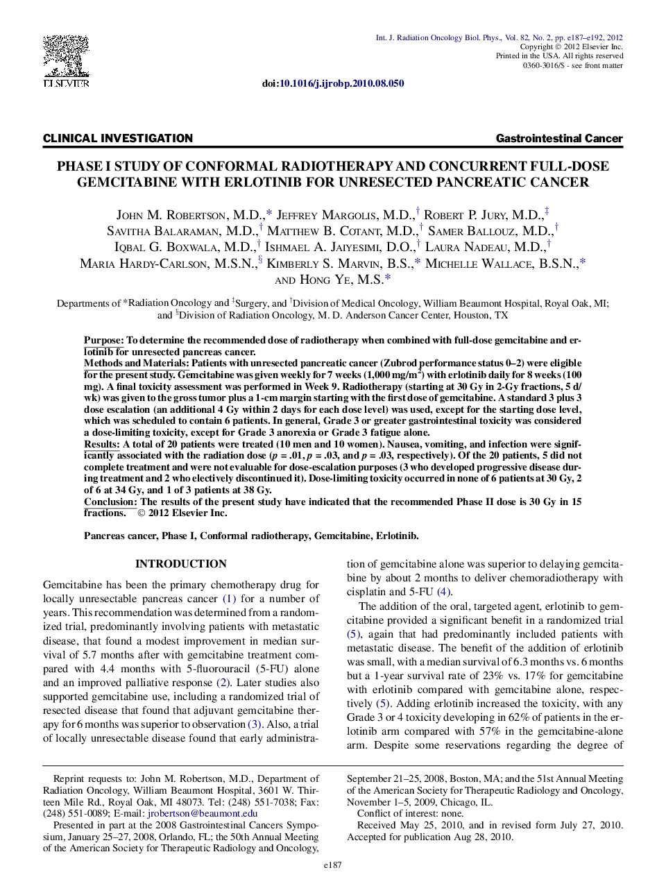 Phase I Study of Conformal Radiotherapy and Concurrent Full-Dose Gemcitabine With Erlotinib for Unresected Pancreatic Cancer