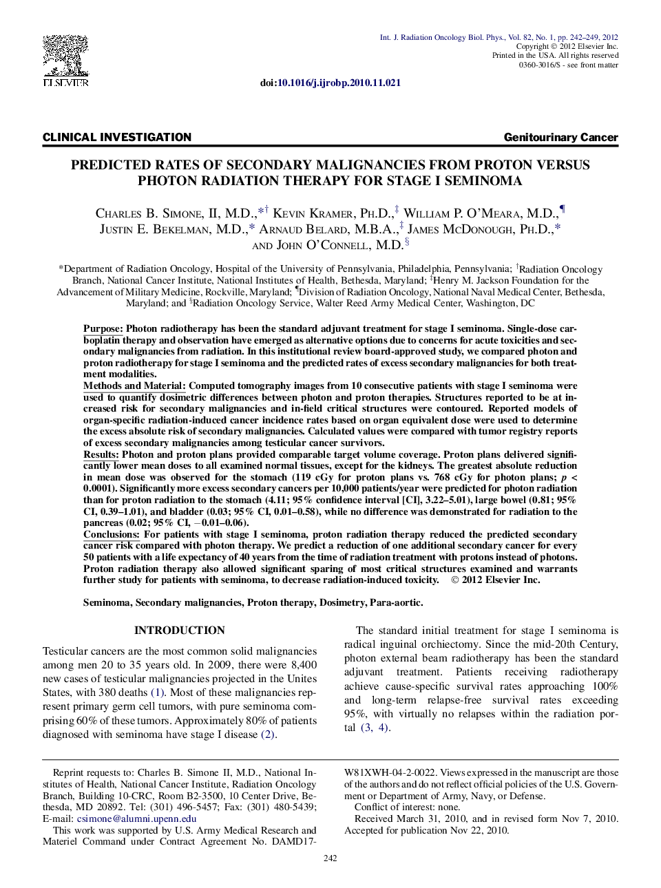 Predicted Rates of Secondary Malignancies From Proton Versus Photon Radiation Therapy for Stage I Seminoma