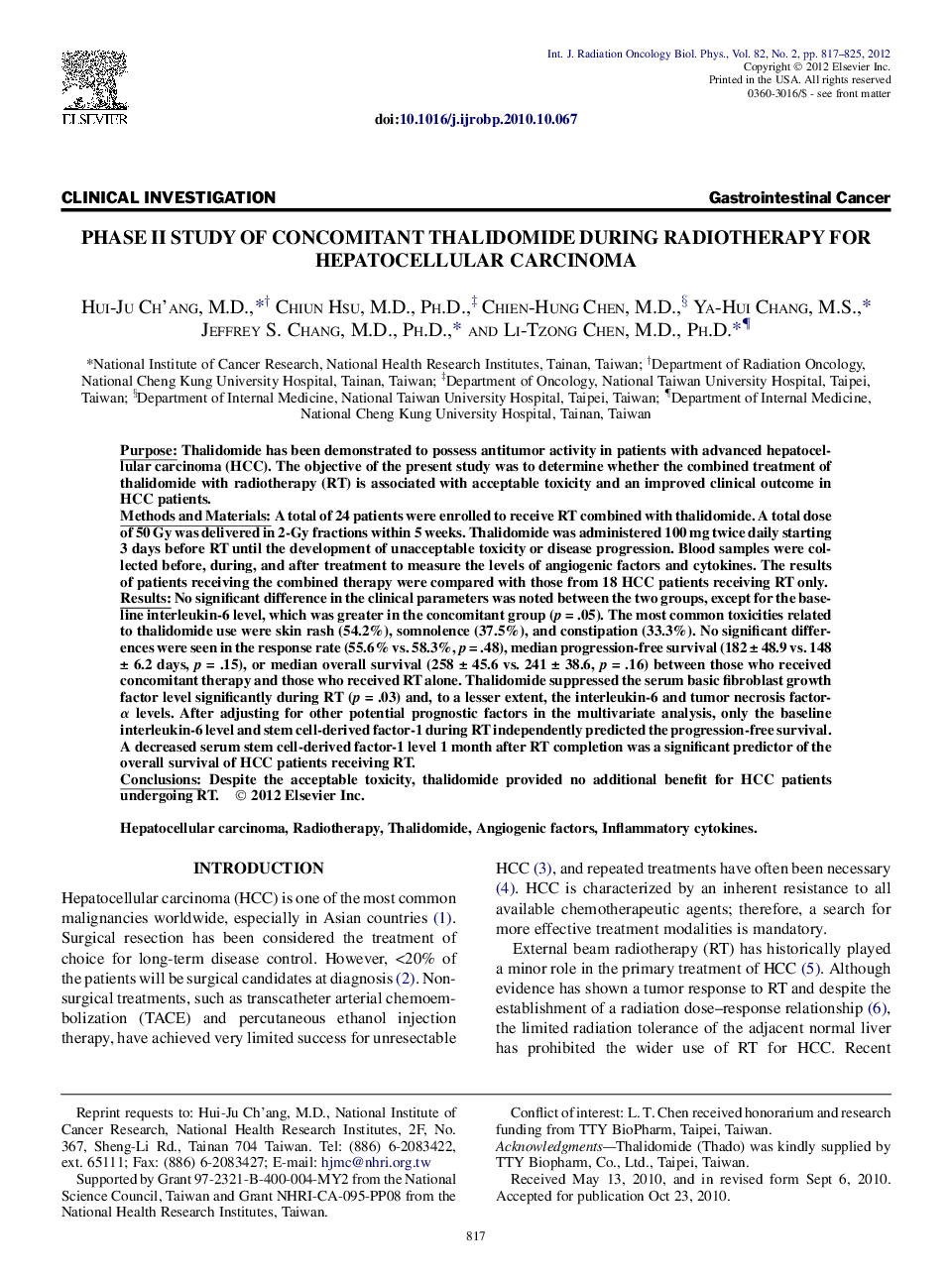 Phase II Study of Concomitant Thalidomide During Radiotherapy for Hepatocellular Carcinoma