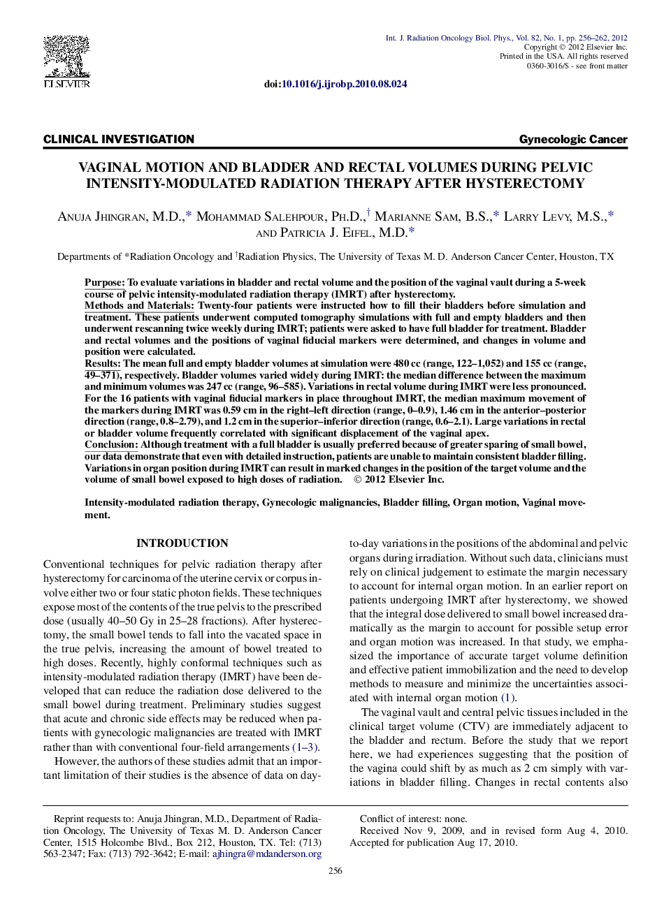 Vaginal Motion and Bladder and Rectal Volumes During Pelvic Intensity-Modulated Radiation Therapy After Hysterectomy