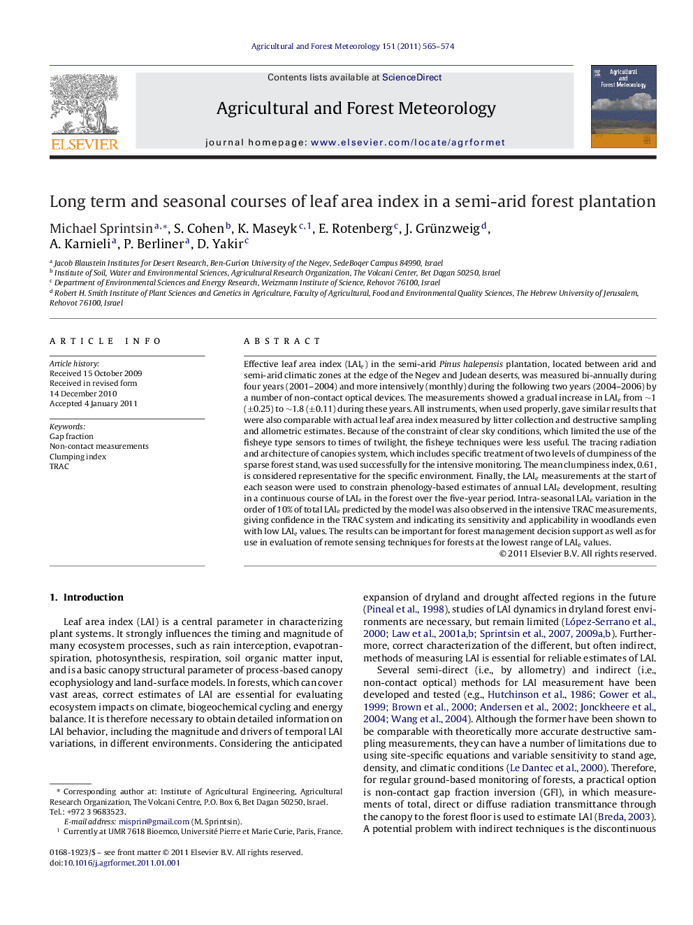 Long term and seasonal courses of leaf area index in a semi-arid forest plantation