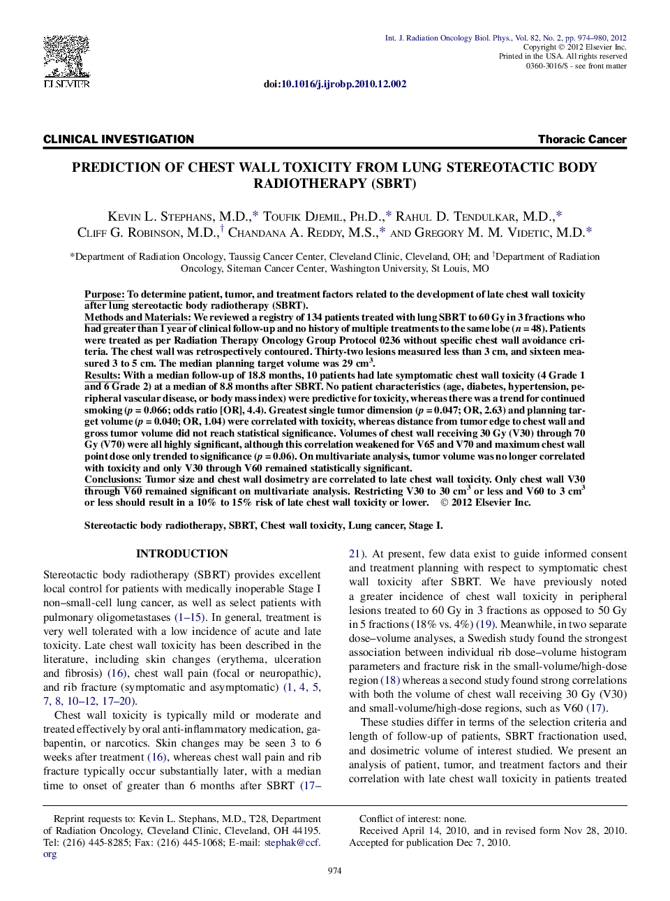 Prediction of Chest Wall Toxicity From Lung Stereotactic Body Radiotherapy (SBRT)