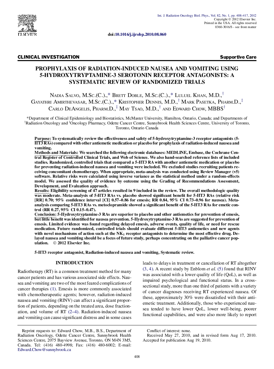 Prophylaxis of Radiation-Induced Nausea and Vomiting Using 5-Hydroxytryptamine-3 Serotonin Receptor Antagonists: A Systematic Review of Randomized Trials