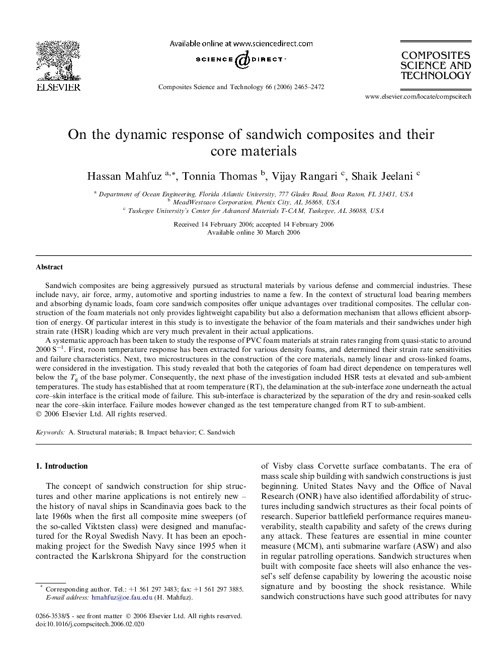 On the dynamic response of sandwich composites and their core materials