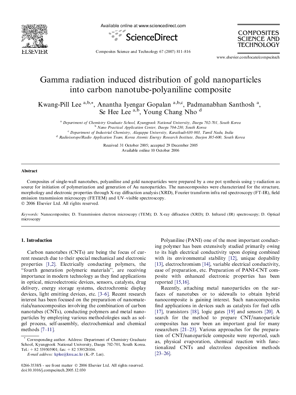 Gamma radiation induced distribution of gold nanoparticles into carbon nanotube-polyaniline composite