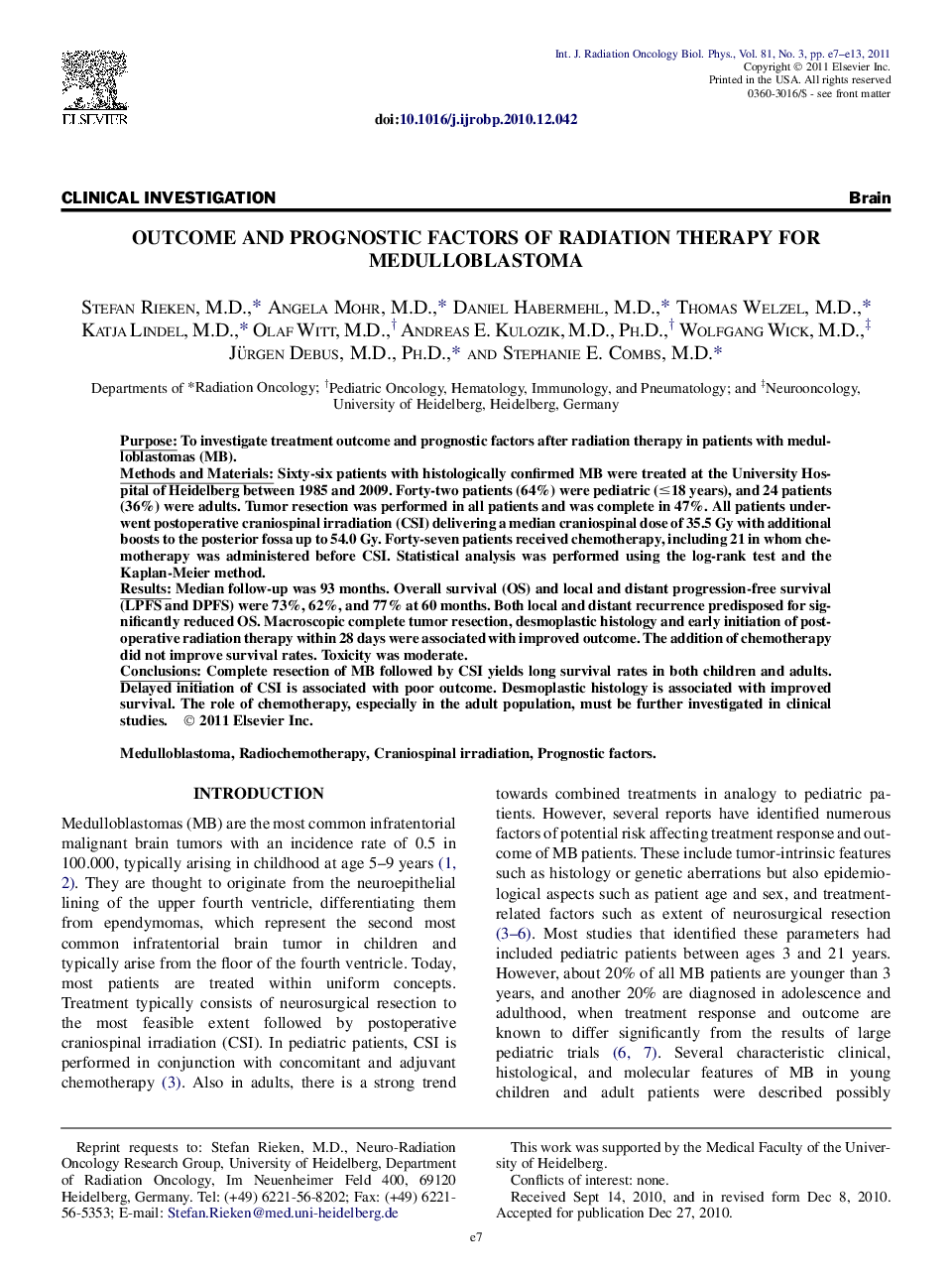 Outcome and Prognostic Factors of Radiation Therapy for Medulloblastoma