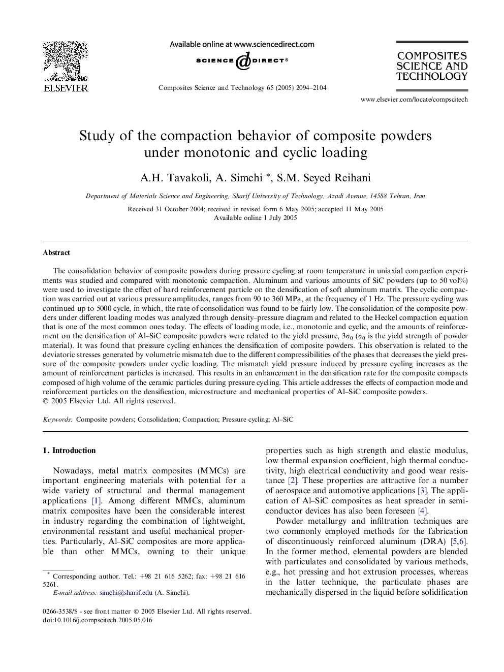 Study of the compaction behavior of composite powders under monotonic and cyclic loading