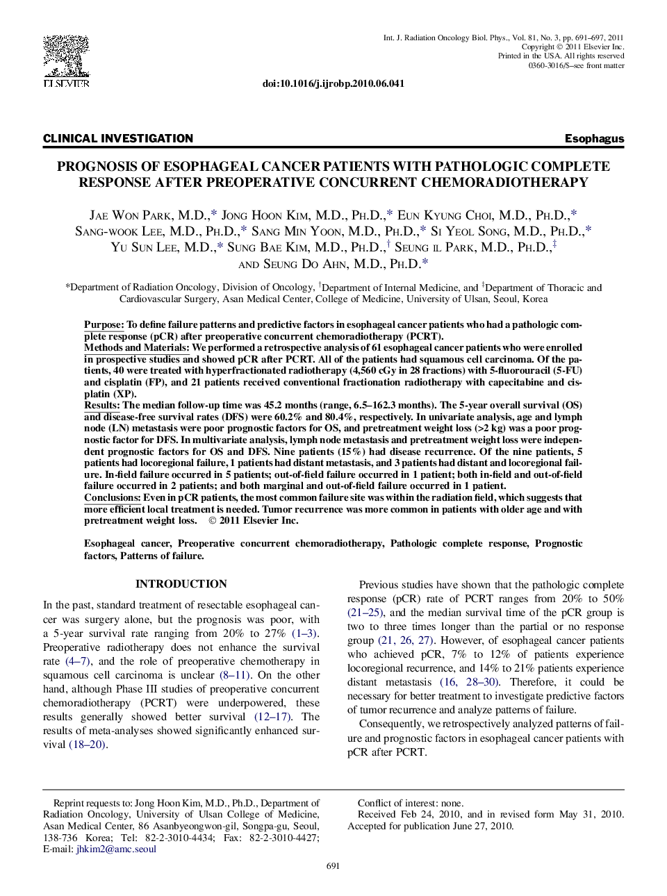 Prognosis of Esophageal Cancer Patients With Pathologic Complete Response After Preoperative Concurrent Chemoradiotherapy