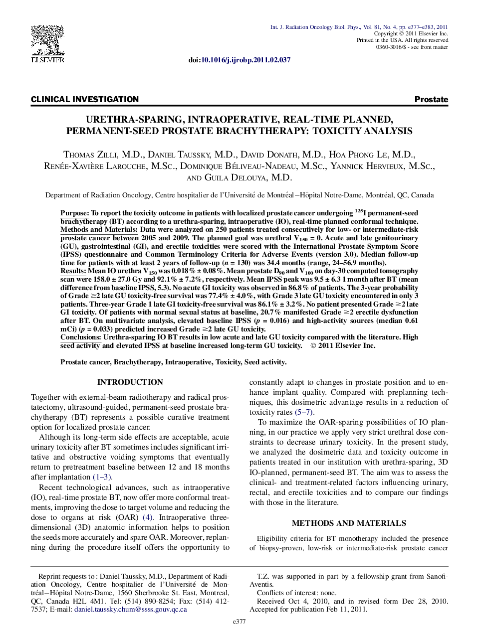 Urethra-Sparing, Intraoperative, Real-Time Planned, Permanent-Seed Prostate Brachytherapy: Toxicity Analysis