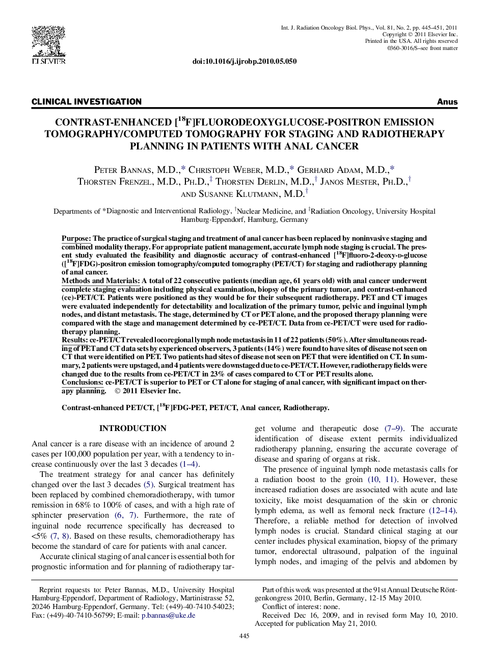 Contrast-Enhanced [18F]fluorodeoxyglucose-Positron Emission Tomography/Computed Tomography for Staging and Radiotherapy Planning in Patients With Anal Cancer