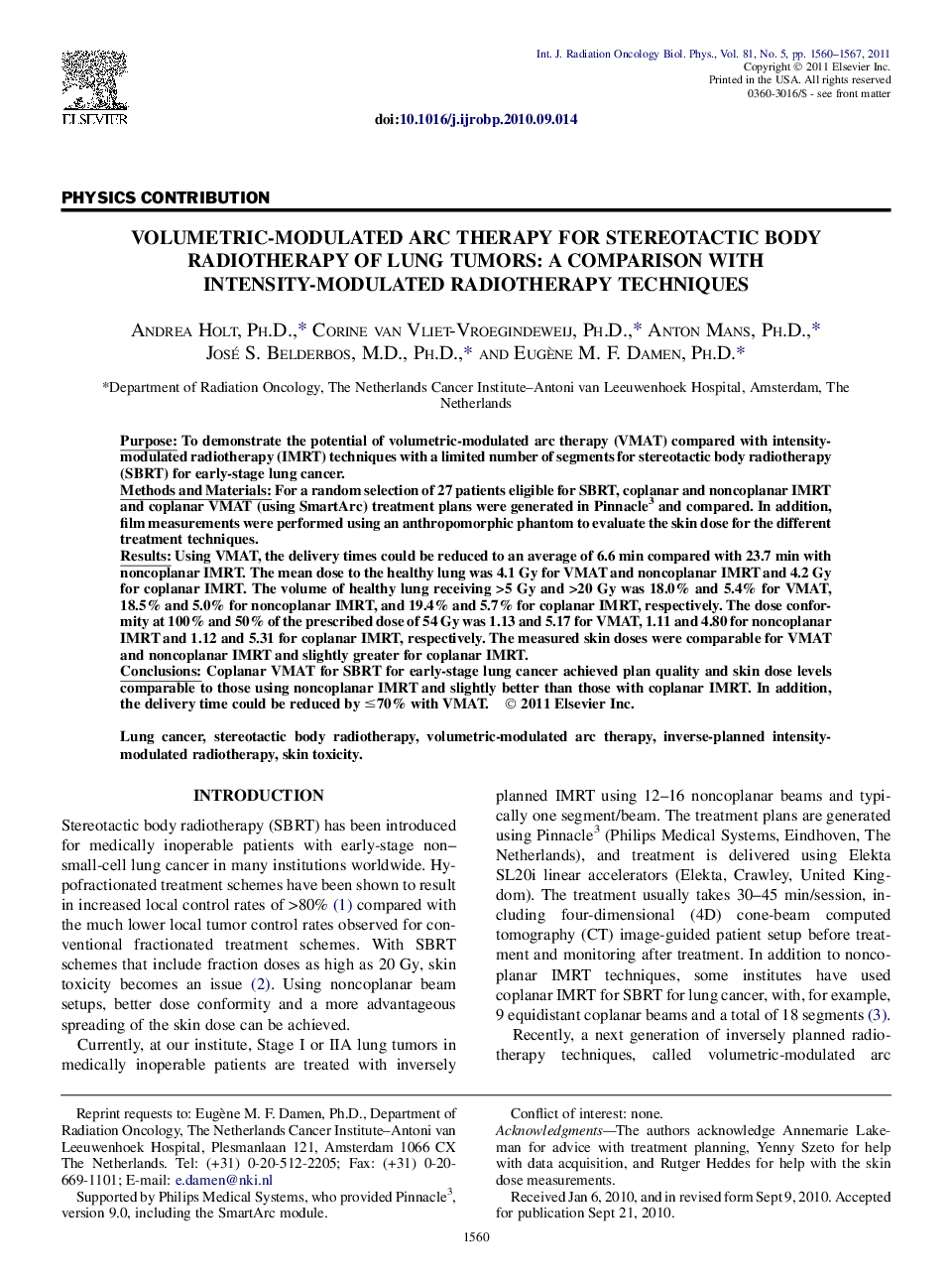 Volumetric-Modulated Arc Therapy for Stereotactic Body Radiotherapy of Lung Tumors: A Comparison With Intensity-Modulated Radiotherapy Techniques