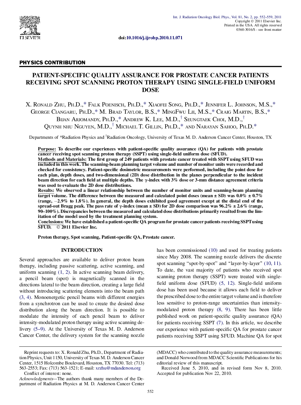 Patient-Specific Quality Assurance for Prostate Cancer Patients Receiving Spot Scanning Proton Therapy Using Single-Field Uniform Dose