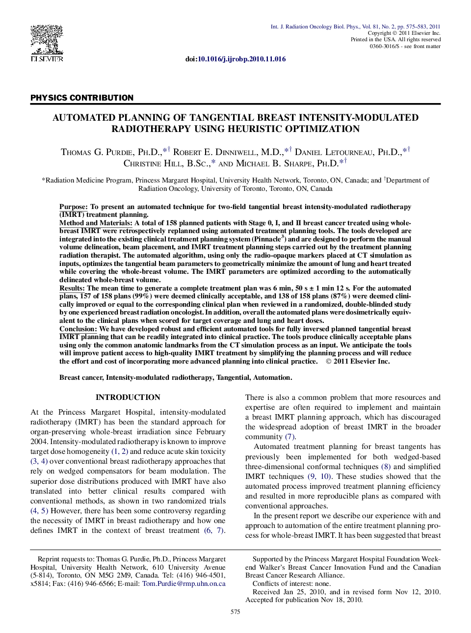 Automated Planning of Tangential Breast Intensity-Modulated Radiotherapy Using Heuristic Optimization