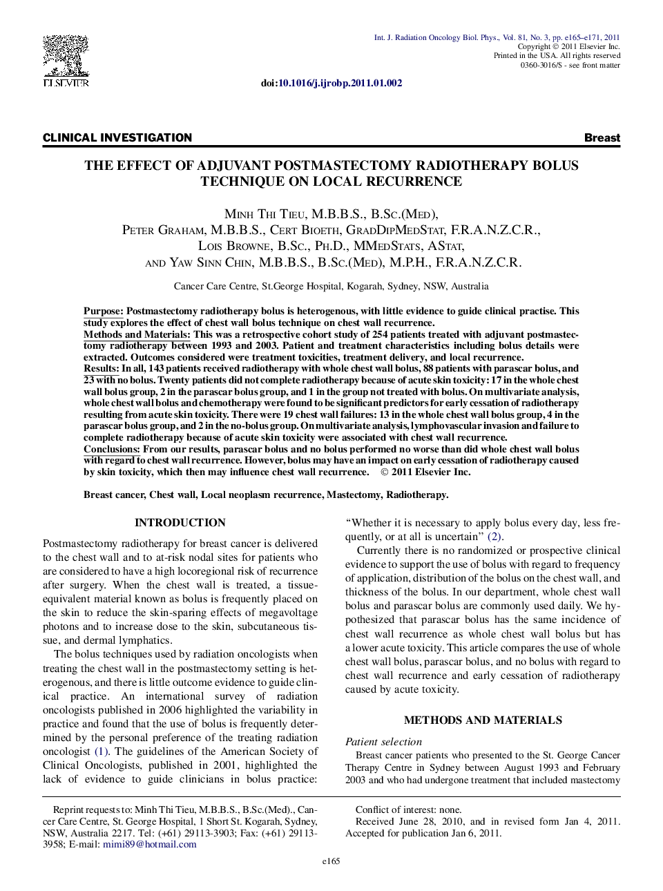 The Effect of Adjuvant Postmastectomy Radiotherapy Bolus Technique on Local Recurrence