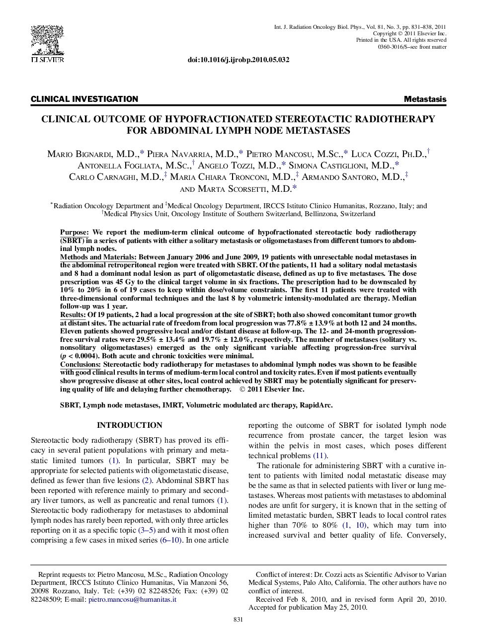 Clinical Outcome of Hypofractionated Stereotactic Radiotherapy for Abdominal Lymph Node Metastases