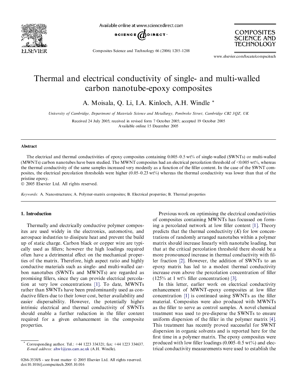 Thermal and electrical conductivity of single- and multi-walled carbon nanotube-epoxy composites