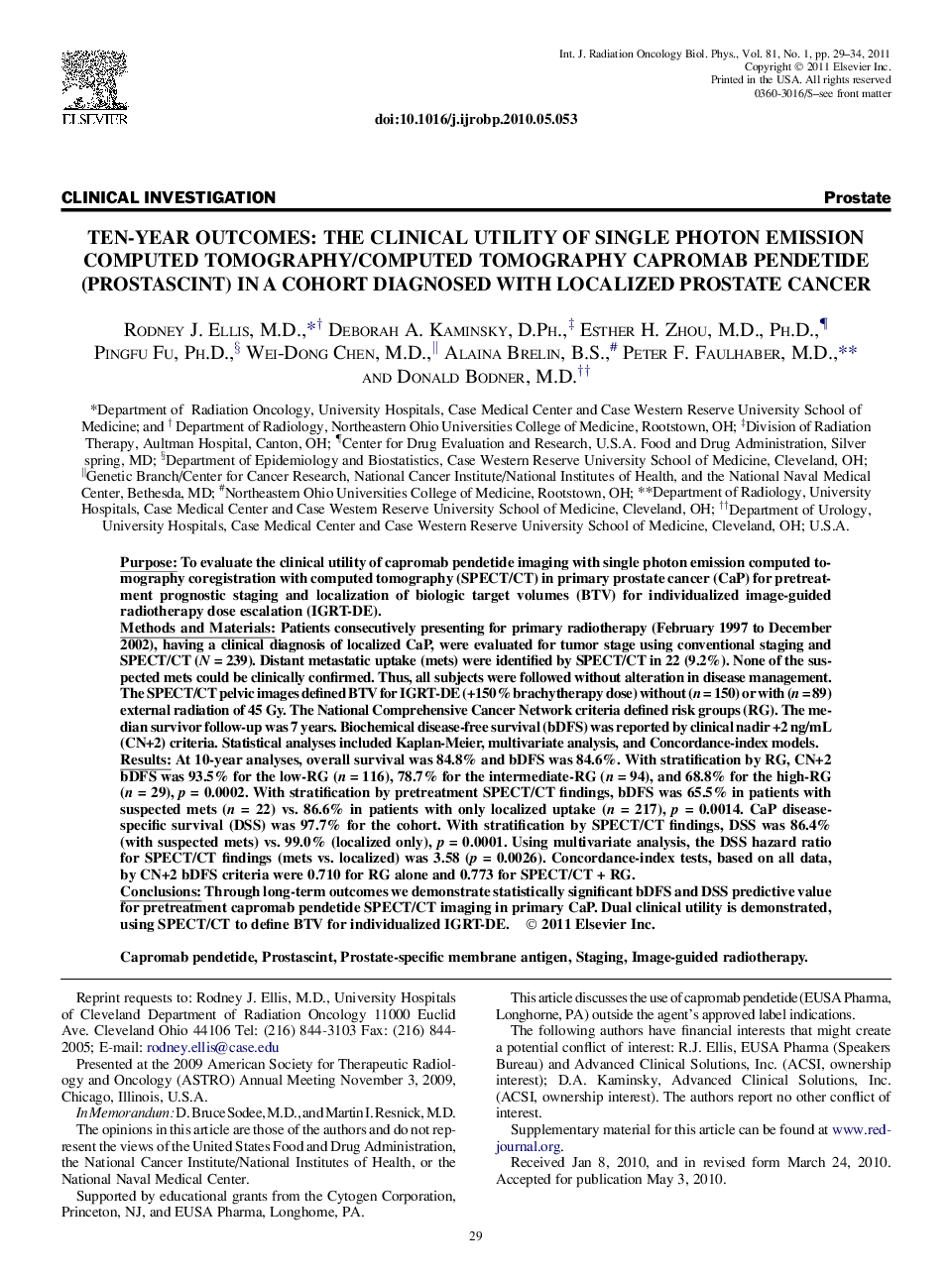 Ten-Year Outcomes: The Clinical Utility of Single Photon Emission Computed Tomography/Computed Tomography Capromab Pendetide (Prostascint) in a Cohort Diagnosed With Localized Prostate Cancer