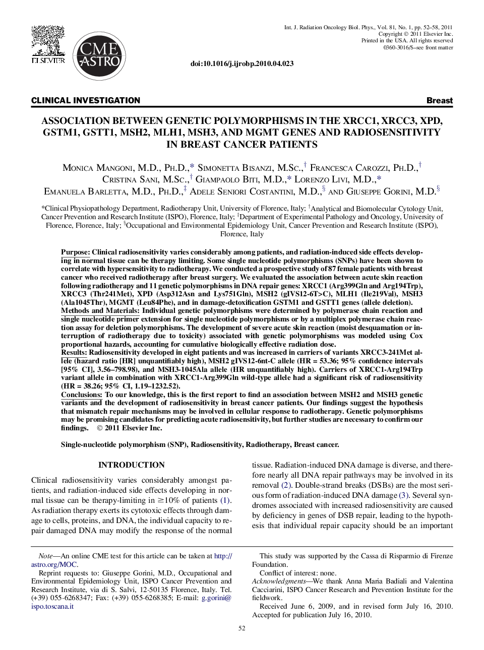 Association Between Genetic Polymorphisms in the XRCC1, XRCC3, XPD, GSTM1, GSTT1, MSH2, MLH1, MSH3, and MGMT Genes and Radiosensitivity in Breast Cancer Patients