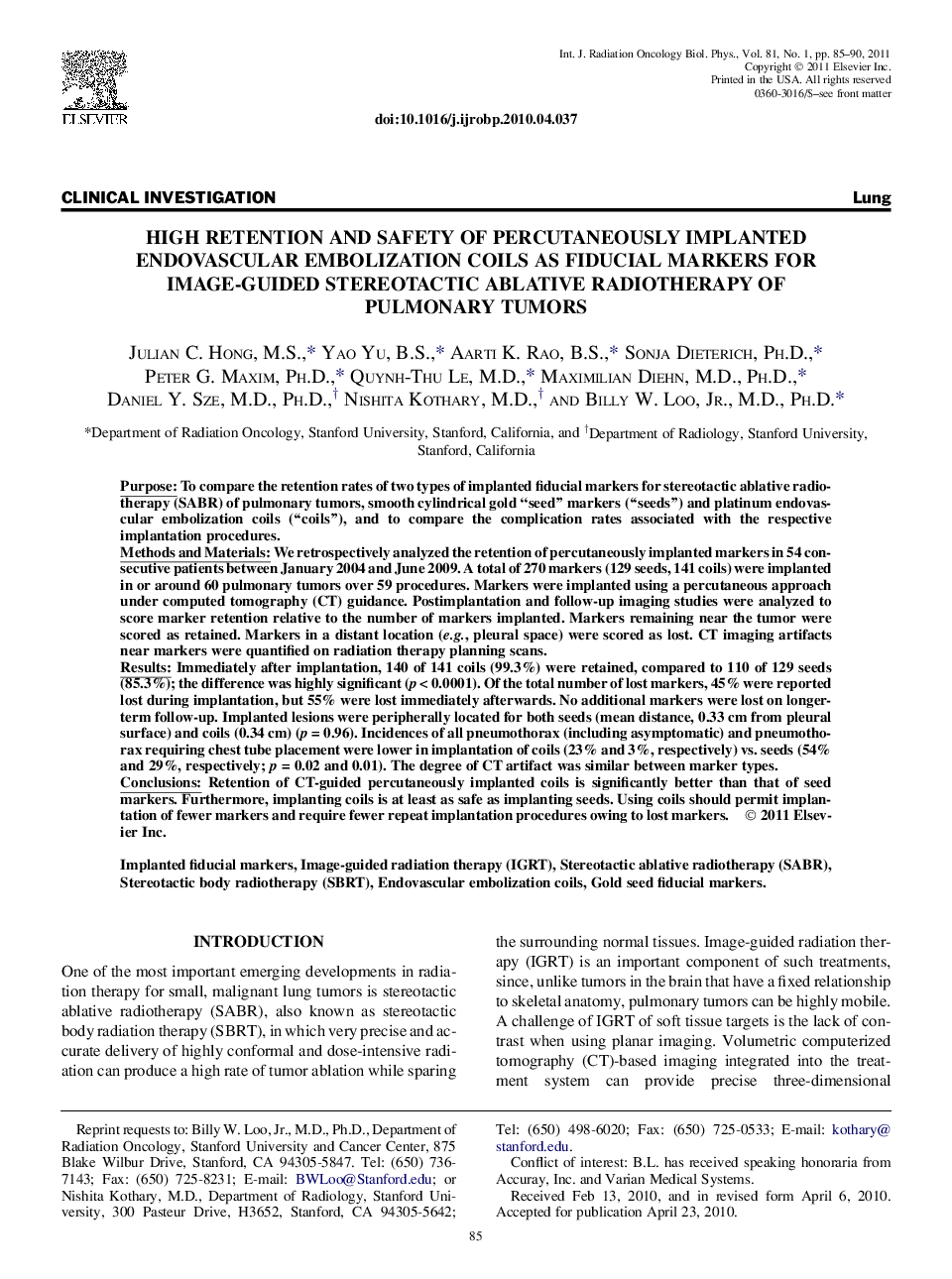 High Retention and Safety of Percutaneously Implanted Endovascular Embolization Coils as Fiducial Markers for Image-Guided Stereotactic Ablative Radiotherapy of Pulmonary Tumors