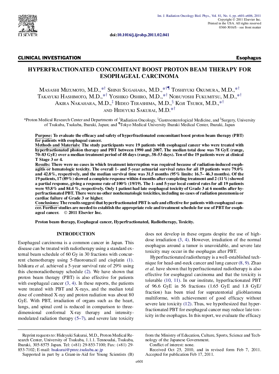 Hyperfractionated Concomitant Boost Proton Beam Therapy for Esophageal Carcinoma