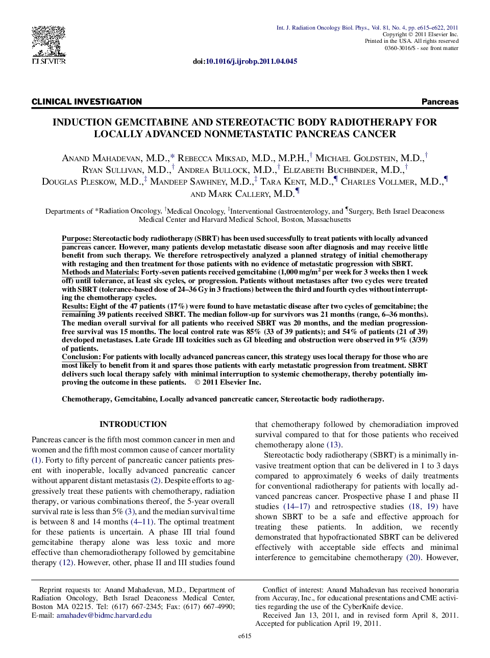 Induction Gemcitabine and Stereotactic Body Radiotherapy for Locally Advanced Nonmetastatic Pancreas Cancer