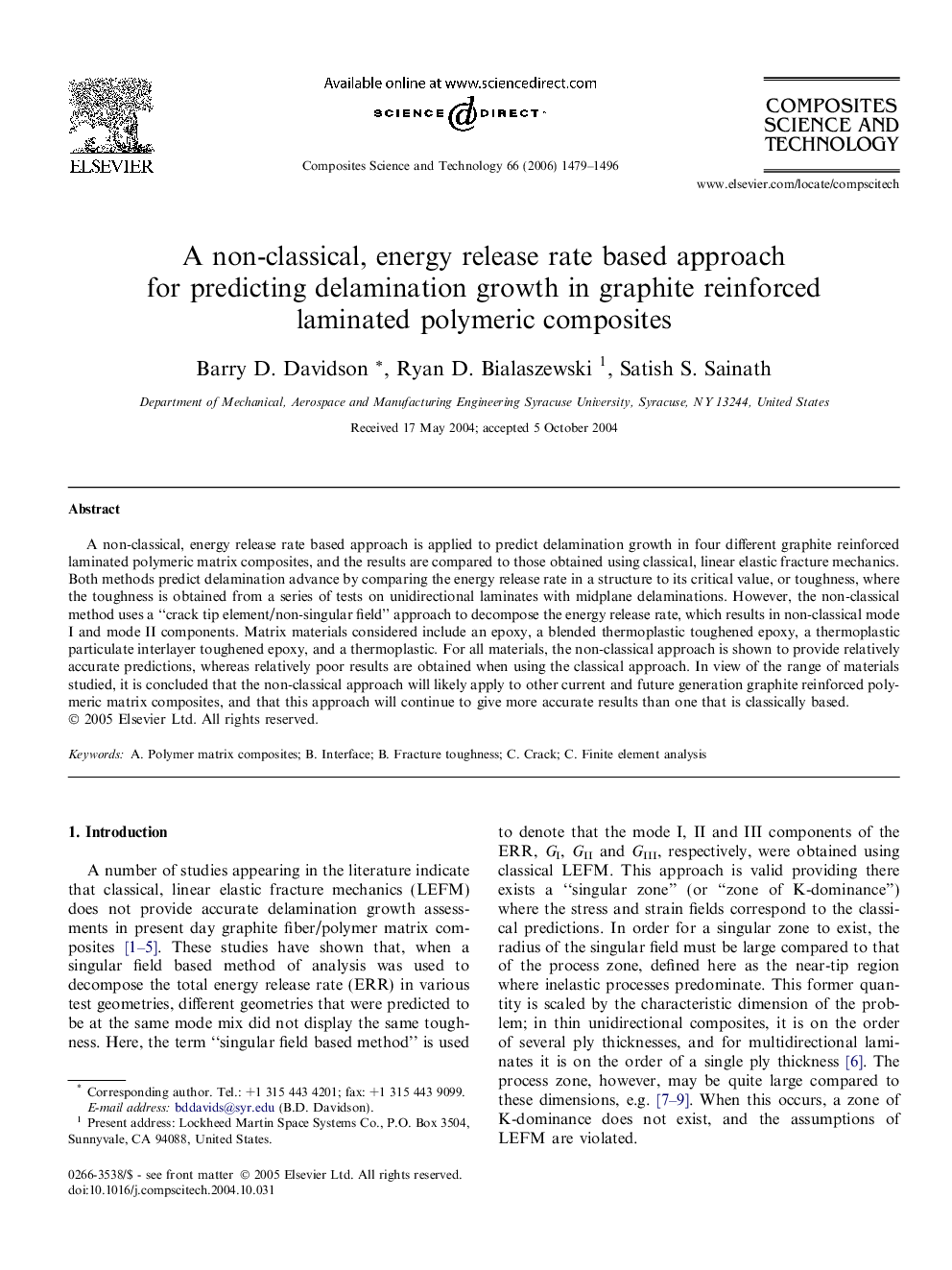 A non-classical, energy release rate based approach for predicting delamination growth in graphite reinforced laminated polymeric composites