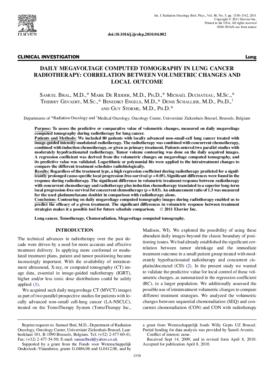 Daily Megavoltage Computed Tomography in Lung Cancer Radiotherapy: Correlation Between Volumetric Changes and Local Outcome