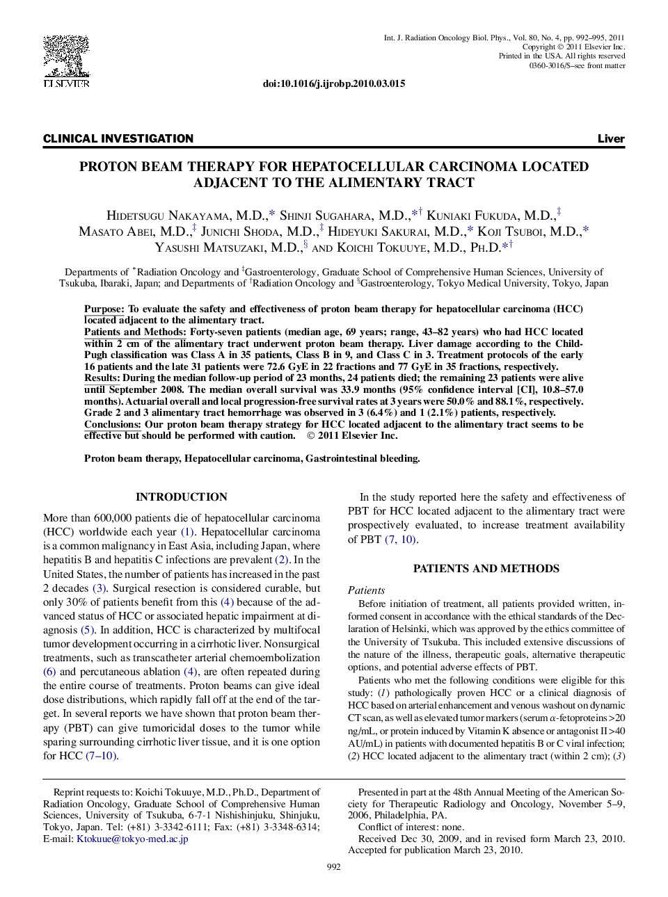 Proton Beam Therapy for Hepatocellular Carcinoma Located Adjacent to the Alimentary Tract