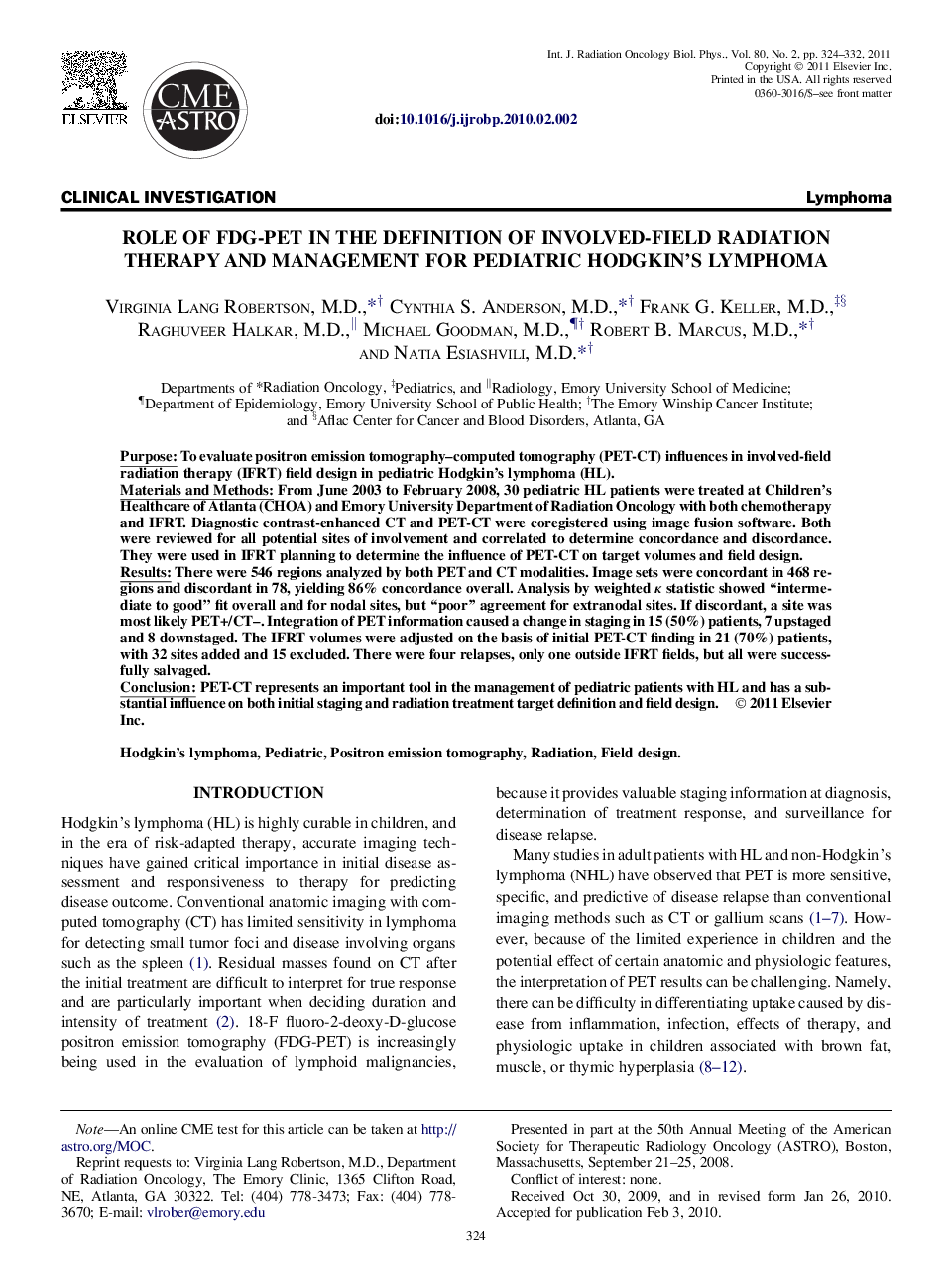 Role of FDG-PET in the Definition of Involved-Field Radiation Therapy and Management for Pediatric Hodgkin's Lymphoma