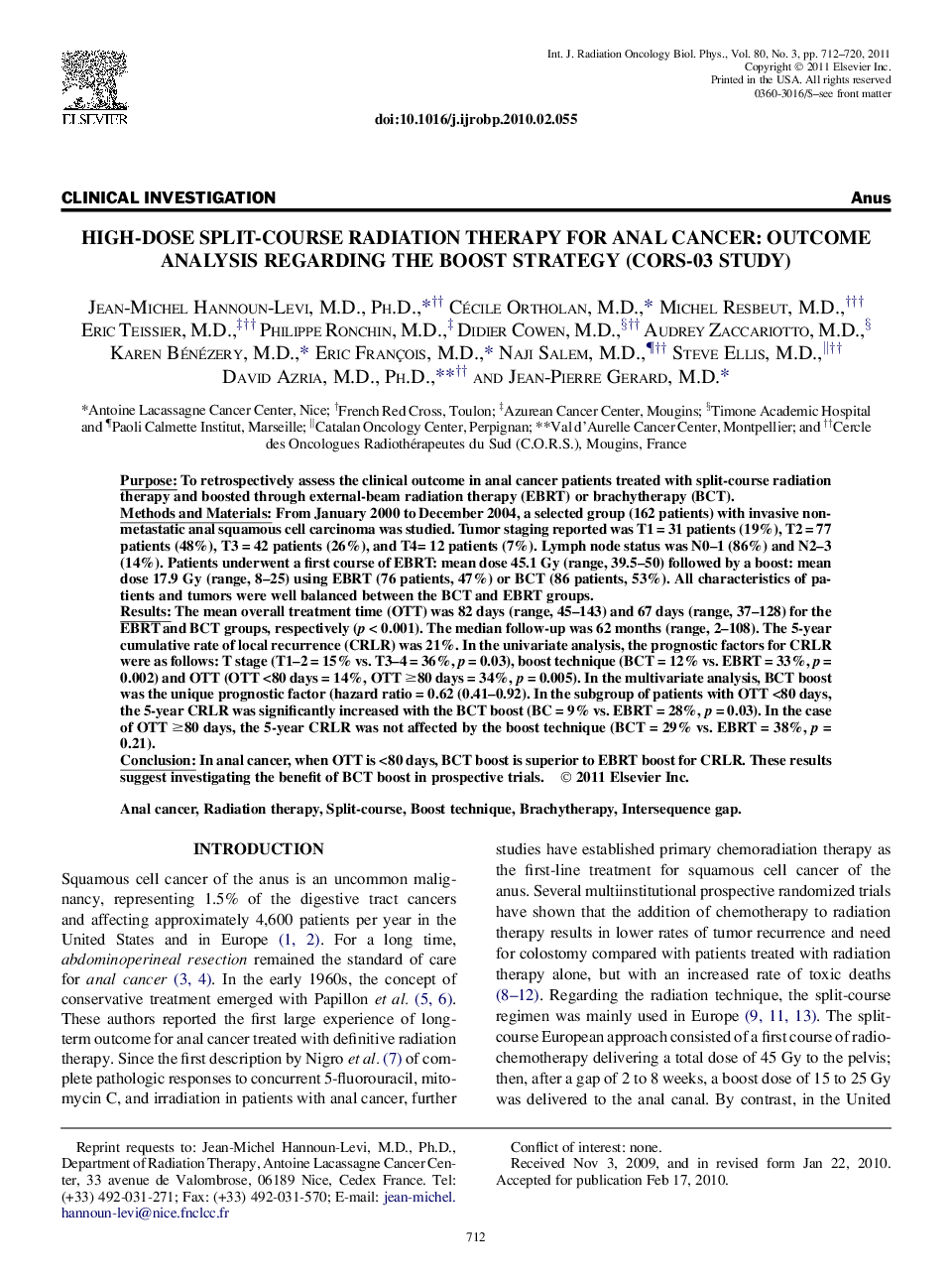 High-Dose Split-Course Radiation Therapy for Anal Cancer: Outcome Analysis Regarding the Boost Strategy (CORS-03 Study)