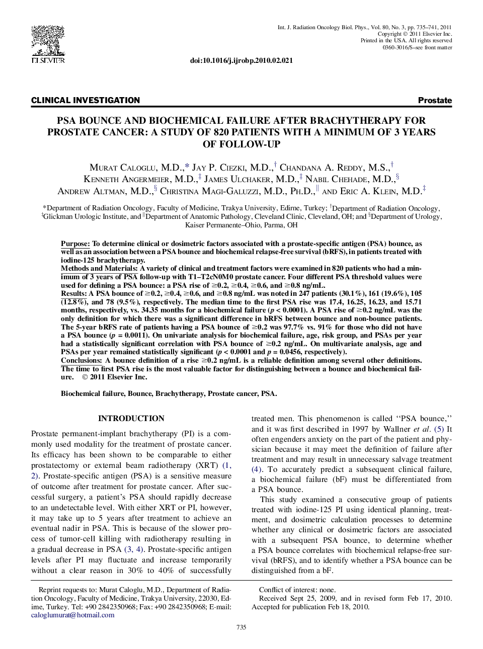 PSA Bounce and Biochemical Failure After Brachytherapy for Prostate Cancer: A Study of 820 Patients With a Minimum of 3 Years ofÂ Follow-Up