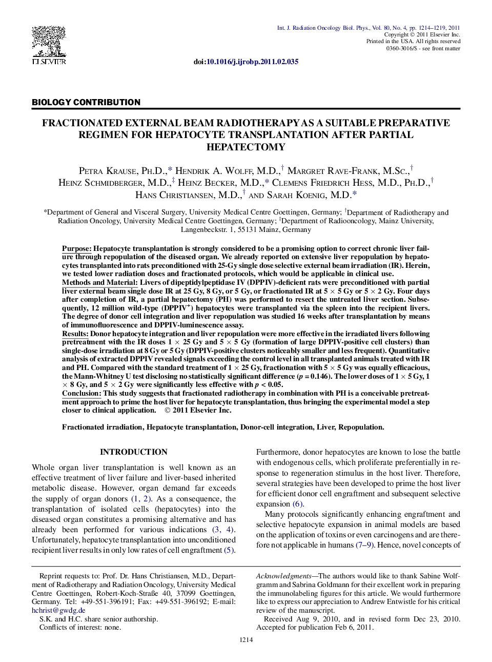 Fractionated External Beam Radiotherapy as a Suitable Preparative Regimen for Hepatocyte Transplantation After Partial Hepatectomy