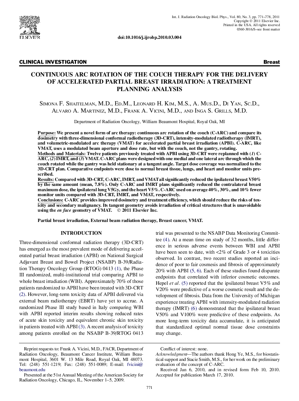 Continuous Arc Rotation of the Couch Therapy for the Delivery of Accelerated Partial Breast Irradiation: A Treatment Planning Analysis