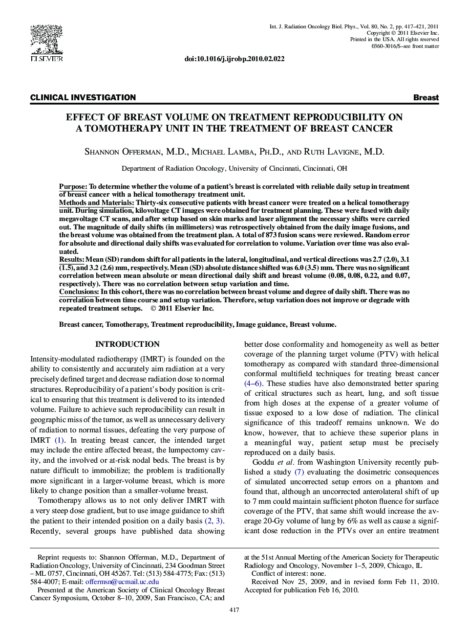 Effect of Breast Volume on Treatment Reproducibility on a Tomotherapy Unit in the Treatment of Breast Cancer