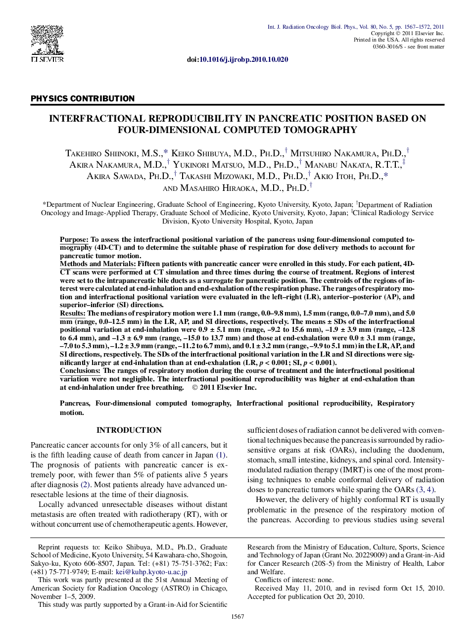 Interfractional Reproducibility in Pancreatic Position Based on Four-Dimensional Computed Tomography