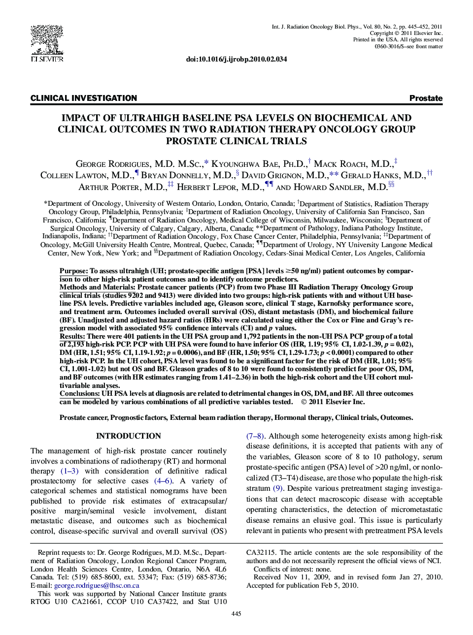 Impact of Ultrahigh Baseline PSA Levels on Biochemical and Clinical Outcomes in Two Radiation Therapy Oncology Group Prostate Clinical Trials