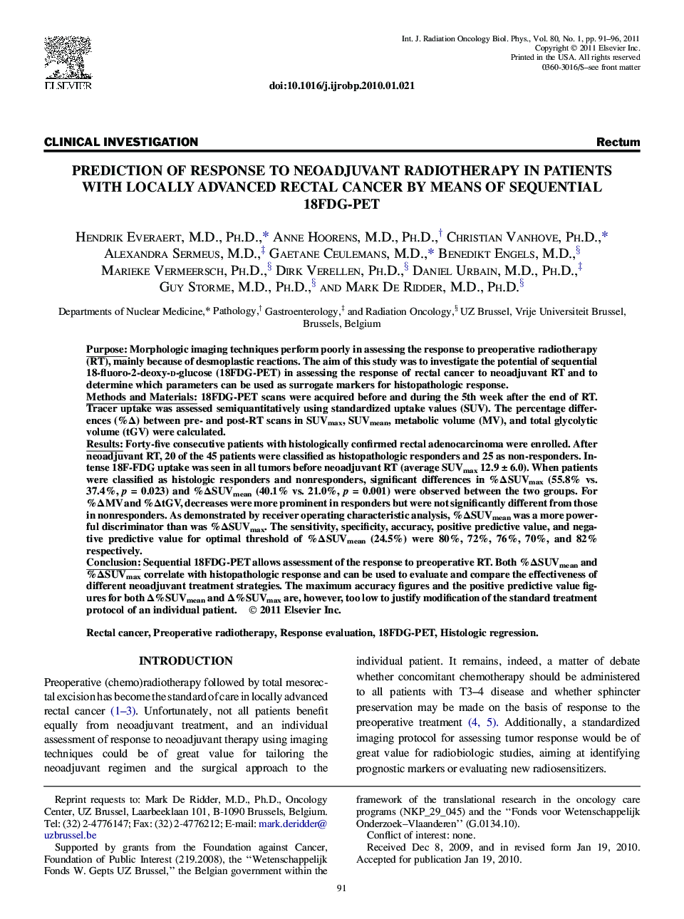 Prediction of Response to Neoadjuvant Radiotherapy in Patients With Locally Advanced Rectal Cancer by Means of Sequential 18FDG-PET