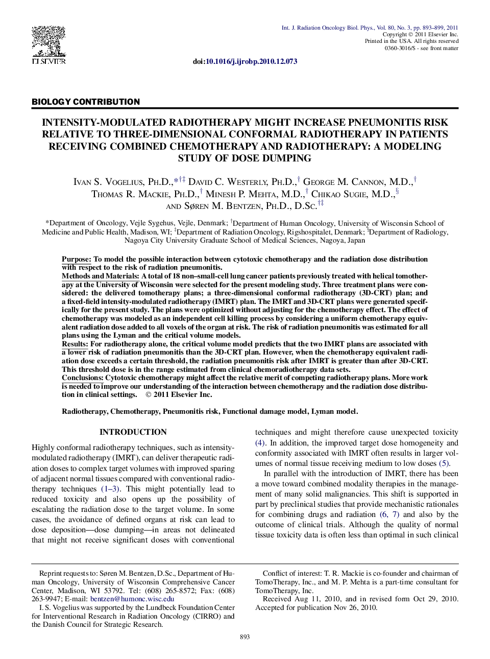 Intensity-Modulated Radiotherapy Might Increase Pneumonitis Risk Relative to Three-Dimensional Conformal Radiotherapy in Patients Receiving Combined Chemotherapy and Radiotherapy: A Modeling Study of Dose Dumping