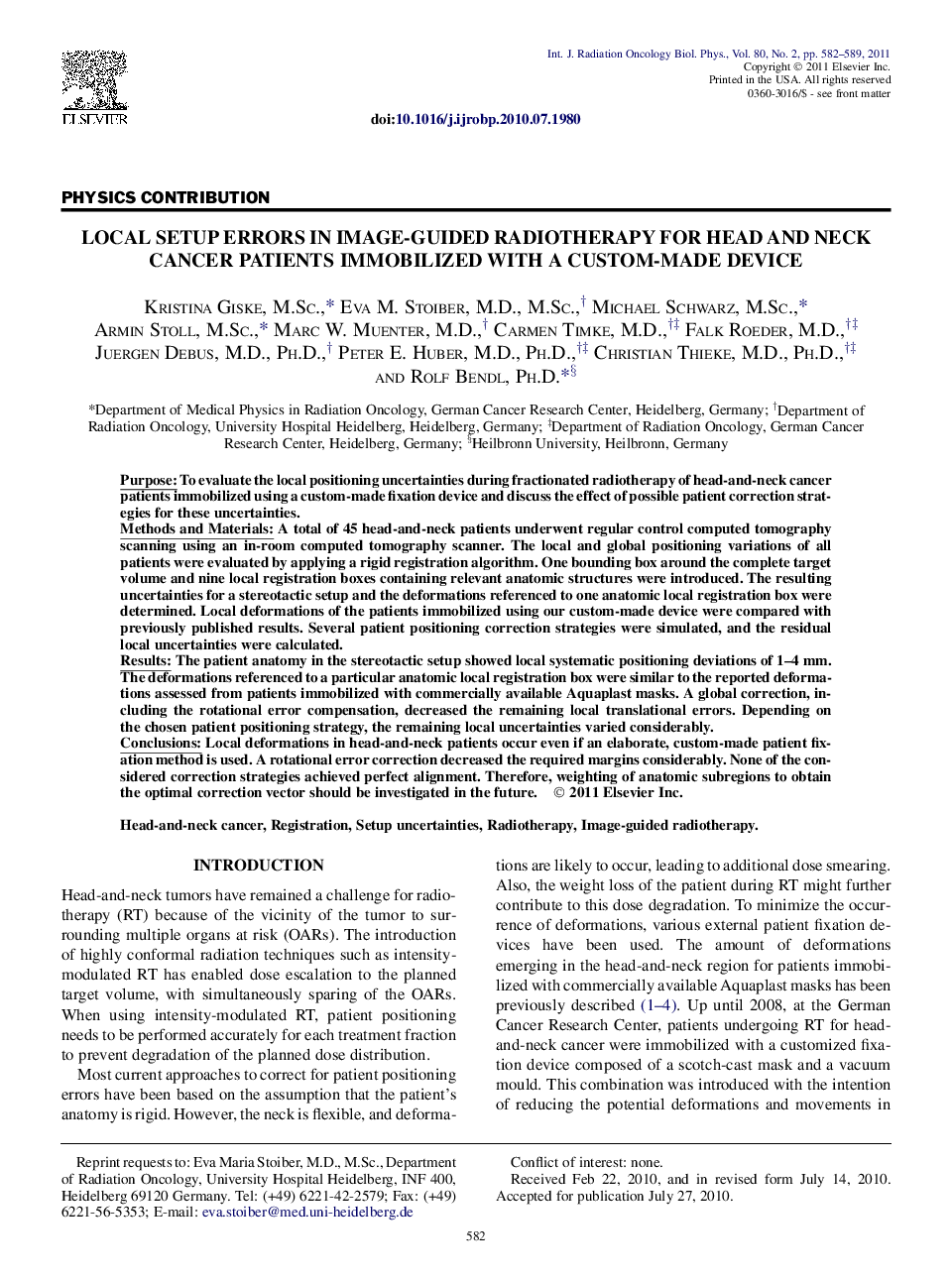 Local Setup Errors in Image-Guided Radiotherapy for Head and Neck Cancer Patients Immobilized With a Custom-Made Device