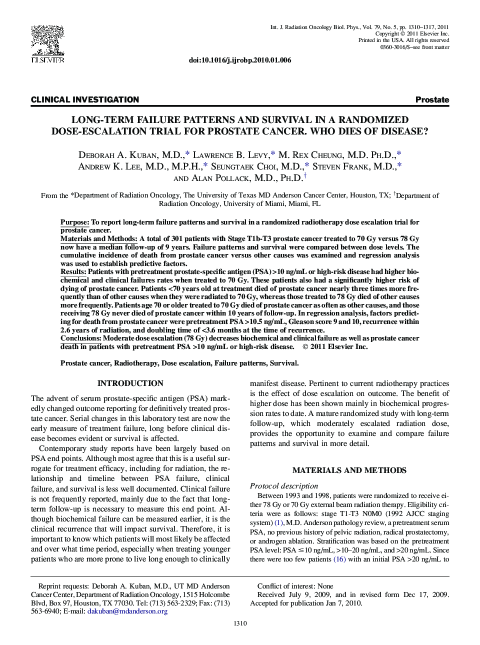 Long-Term Failure Patterns and Survival in a Randomized Dose-Escalation Trial for Prostate Cancer. Who Dies of Disease?