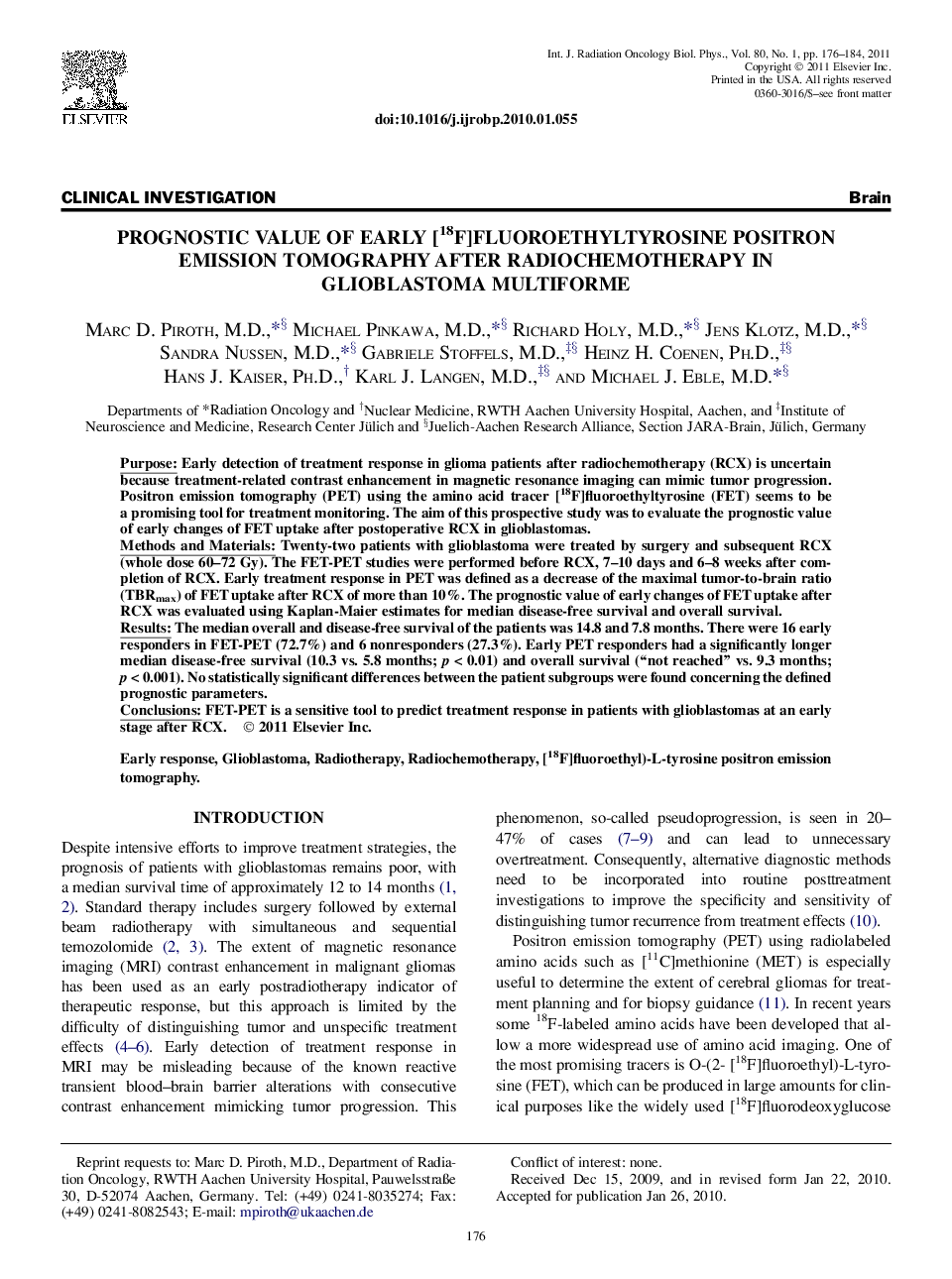 Prognostic Value of Early [18F]Fluoroethyltyrosine Positron Emission Tomography After Radiochemotherapy in Glioblastoma Multiforme