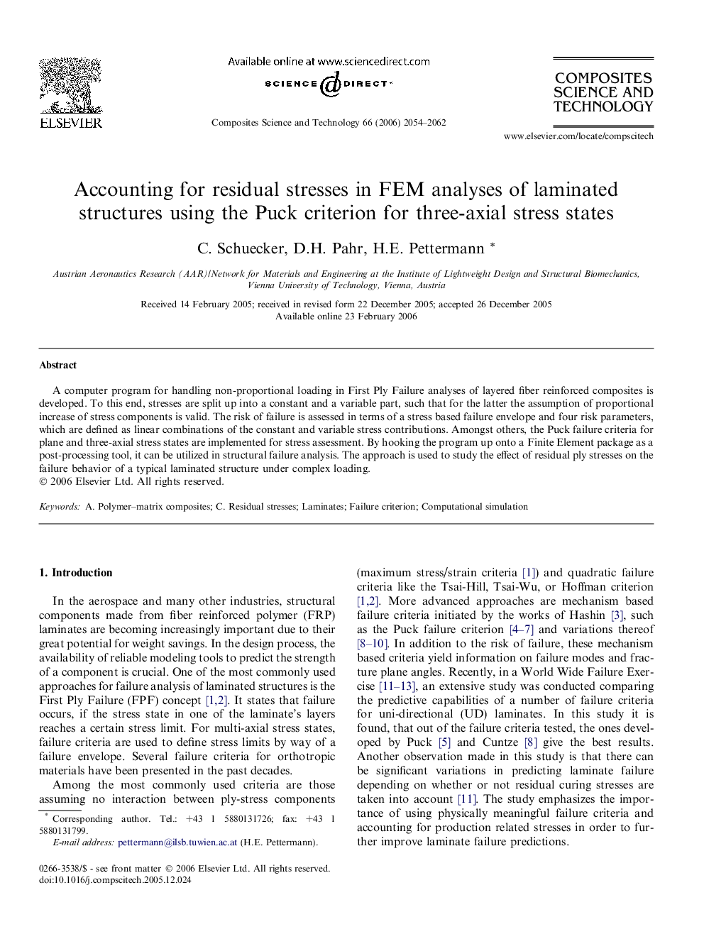 Accounting for residual stresses in FEM analyses of laminated structures using the Puck criterion for three-axial stress states