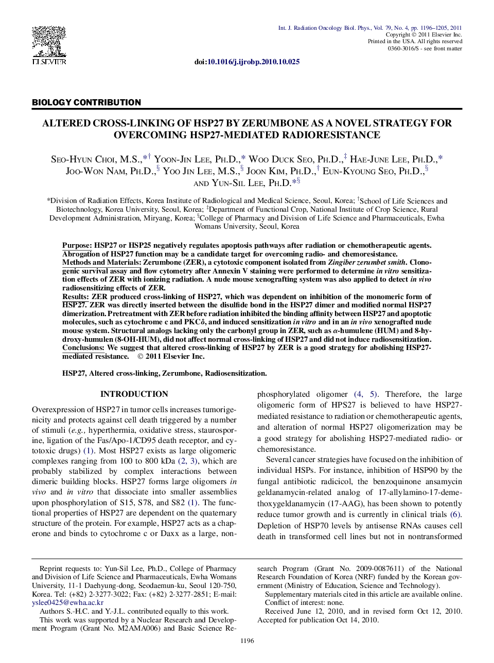 Altered Cross-Linking of HSP27 by Zerumbone as a Novel Strategy for Overcoming HSP27-Mediated Radioresistance