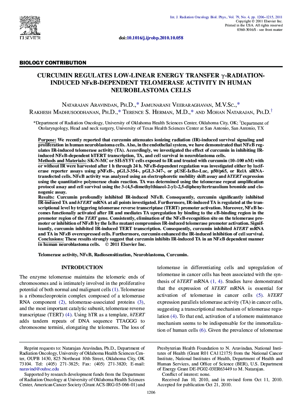 Curcumin Regulates Low-Linear Energy Transfer Î³-Radiation-Induced NFÎºB-Dependent Telomerase Activity in Human Neuroblastoma Cells