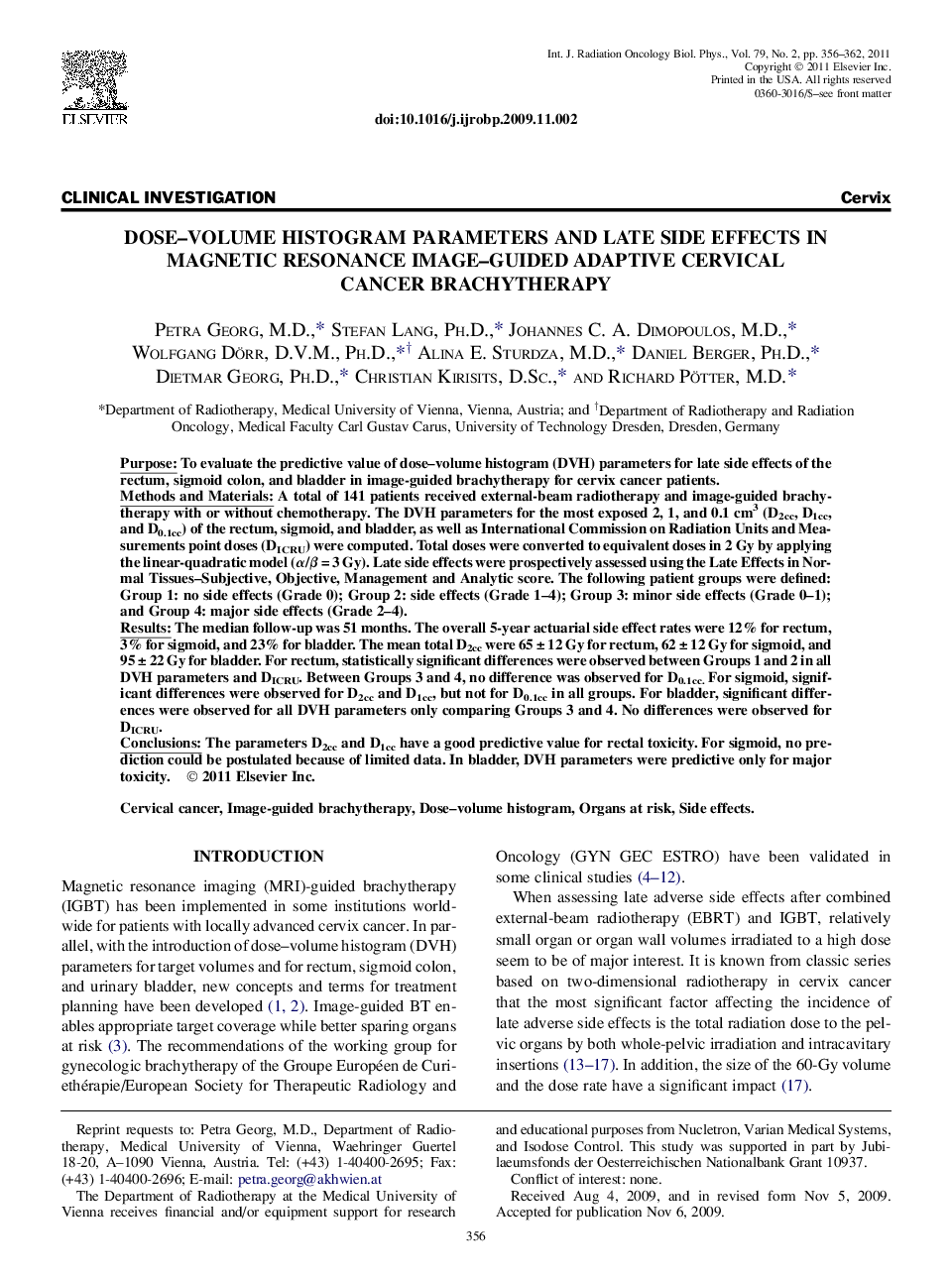 Dose-Volume Histogram Parameters and Late Side Effects in Magnetic Resonance Image-Guided Adaptive Cervical Cancer Brachytherapy